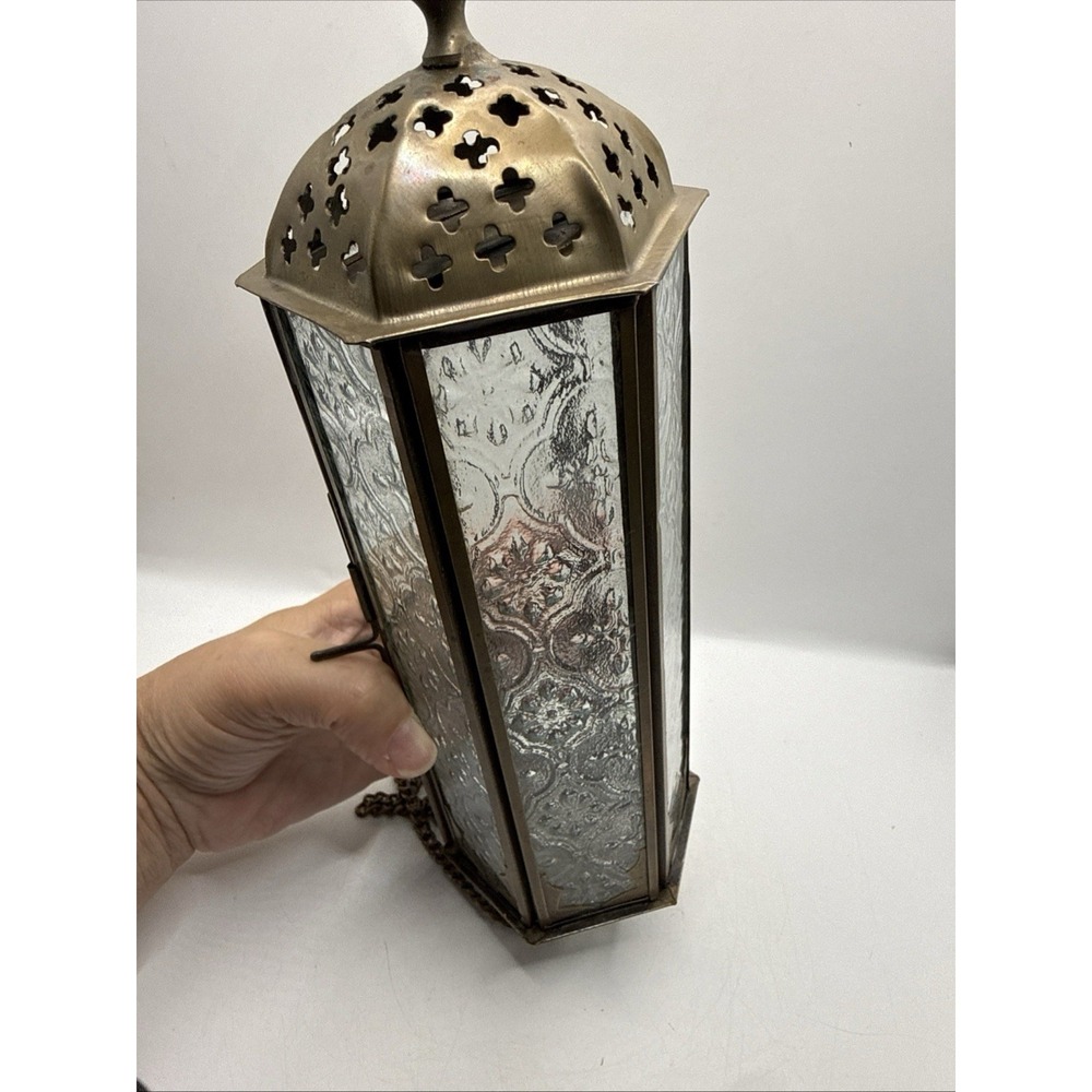 VTG Moroccan Hanging Lantern Clear Embossed Glass Brass 10.5" L RARE